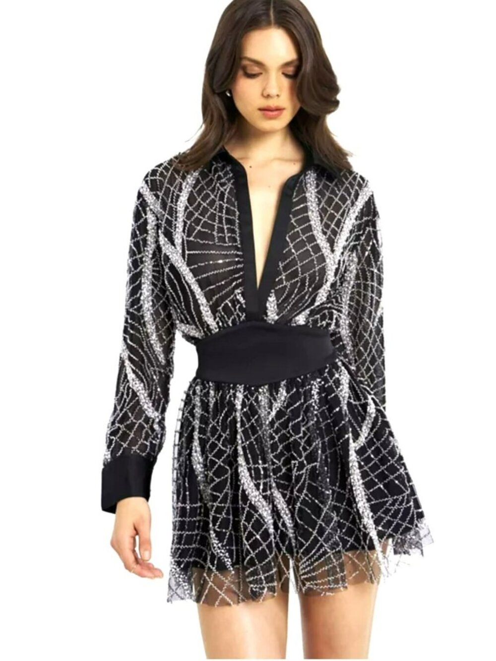 Miss Circle Sequin Beaded Black Mini Rachelle Shirt Dress New